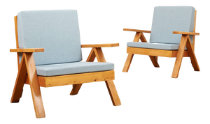 Armchairs with Wooden Frame and Seat and Back in Fabric, Set of 2