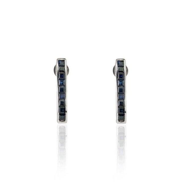 Metal Princess-Cut Blue Sapphire September Birthstone Bar Stud Earrings- 2 Pieces For Sale - Image 7 of 11