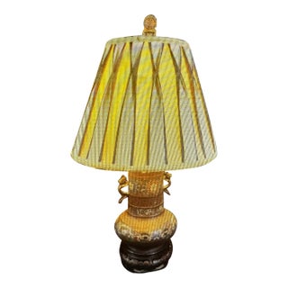 Late 19th Century Cloisonne Champleve Lamp With Silk O Lite Lamp Shade For Sale