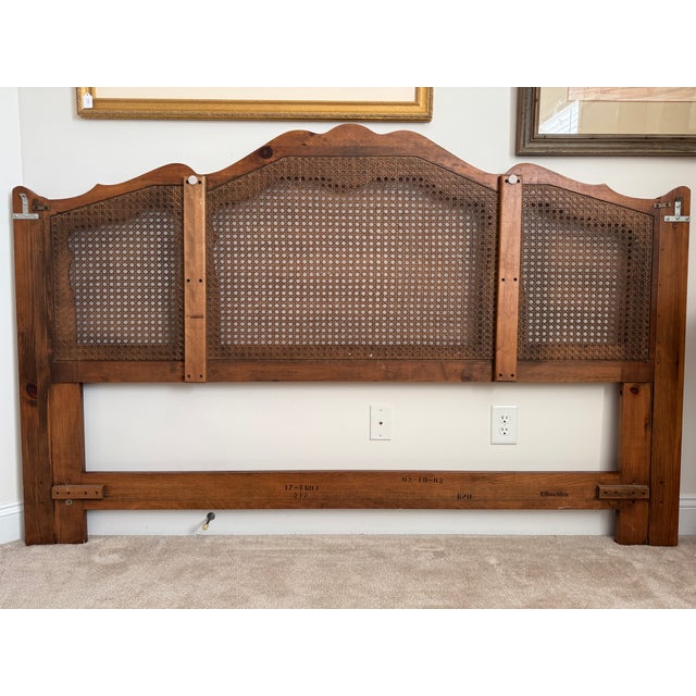 1980s Ethan Allen Chateau Normandy King Cane & Pine Bed Pediment Headboard For Sale - Image 6 of 12