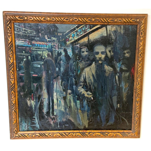 Soviet Leningrad Street Scene by Shalaev, Dated 1989 This evocative late–Soviet painting depicts a crowded nocturnal...