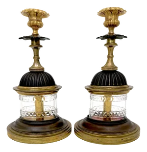 Regency Pagoda Cut Glass Gilt & Patinated Candlesticks - a Pair