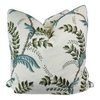 Jane Shelton “Acanthus Vine” in Aqua Embroidered Linen 22” Pillows-A Pair For Sale