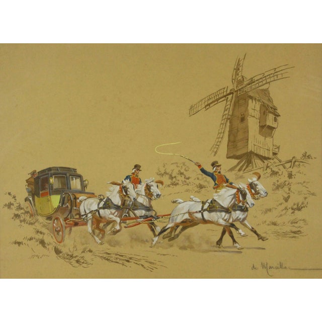 An interesting gouache and watercolor painting A four horse driven stagecoach in full gallop is passing in front of a...