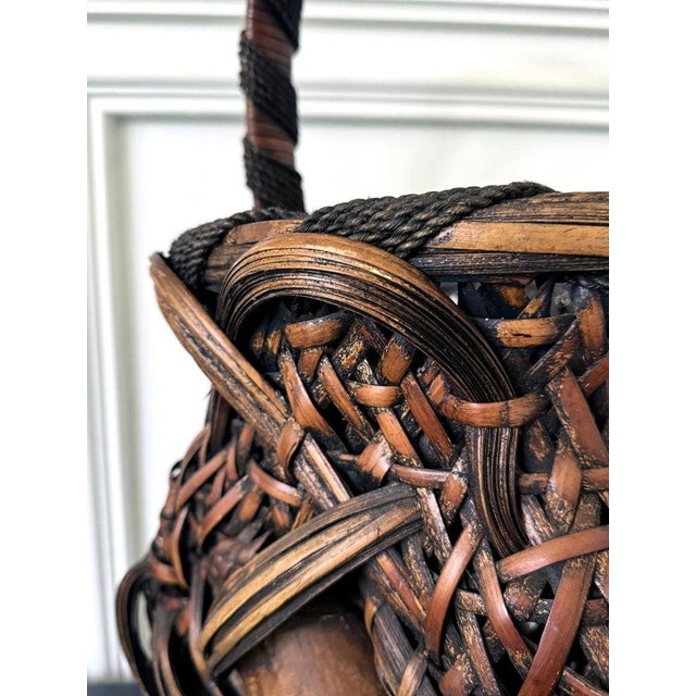 Large Antique Japanese Smoked Bamboo Basket Ikebana Mingei For Sale - Image 4 of 18
