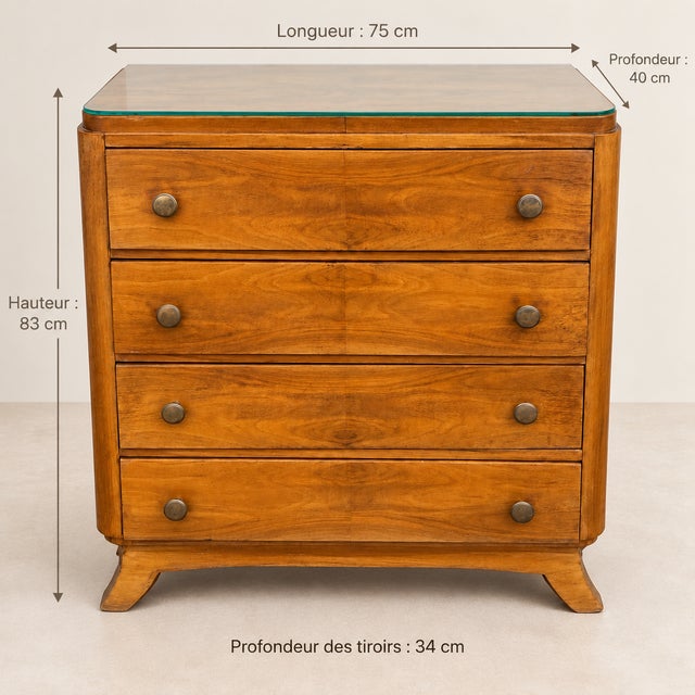 Vintage Art Deco walnut chest of drawers from the 1950s. Very good condition. Dimensions: 83 cm high, 75 cm wide, 40 cm...