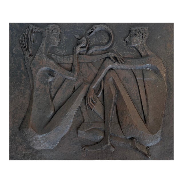 Modernist fireback depicting Adam and Eve, the apple and the serpent For Sale