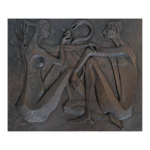 Modernist fireback depicting Adam and Eve, the apple and the serpent