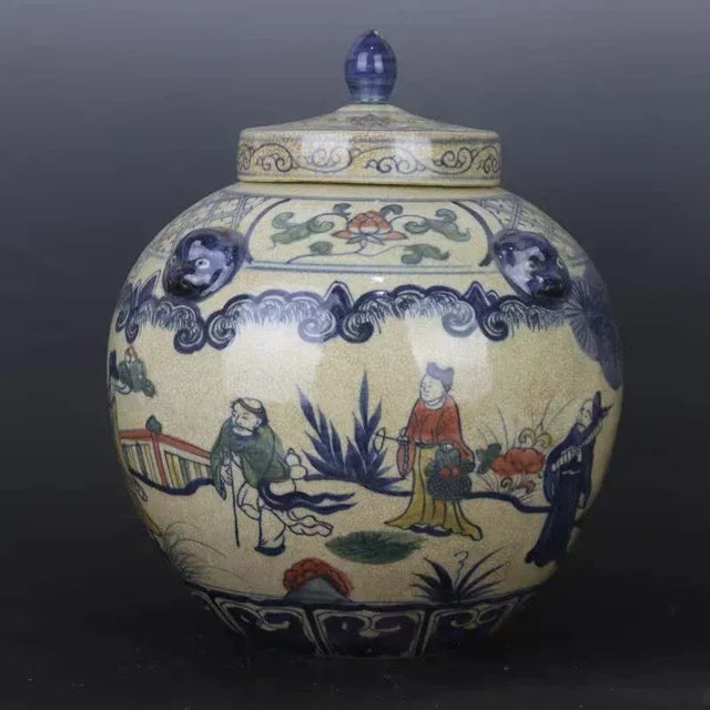 Chinese Vintage Ceramic Pot,Ming Dynasty Jiajing Marked Blue and White Doucai Porcelain Lid Jar Hand Painted Eight Immortals Pattern For Sale In Seattle - Image 6 of 11