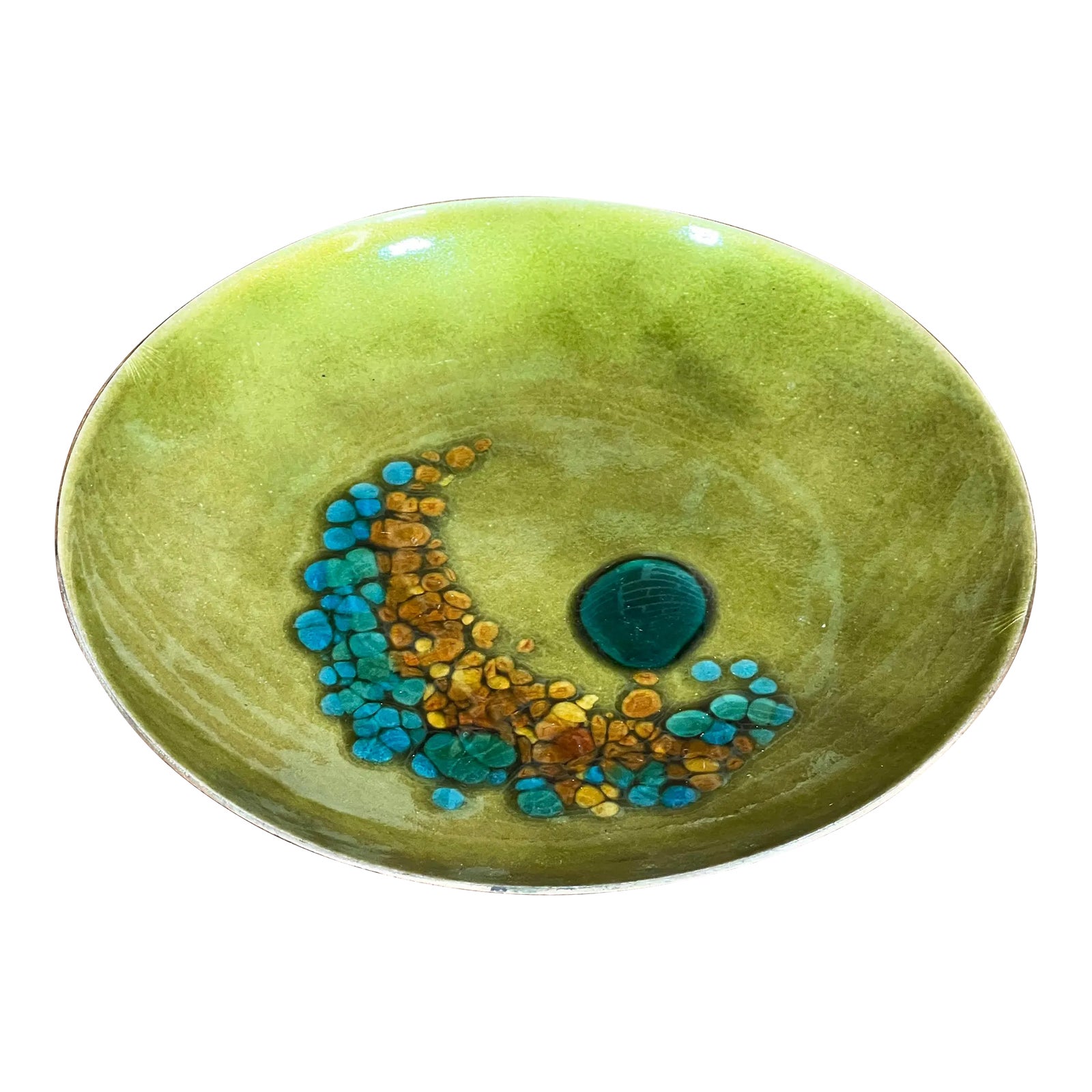 Vintage Mid Century Modern Chartreuse Green Enamel on Copper Pin Tray / Dresser Dish