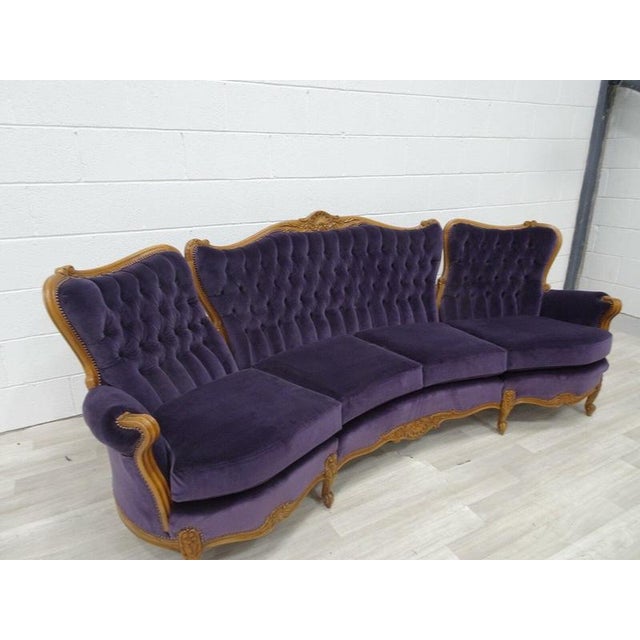 Baroque French Baroque Curved Carved Wood and Lilac Velvet Sofa For Sale - Image 3 of 7
