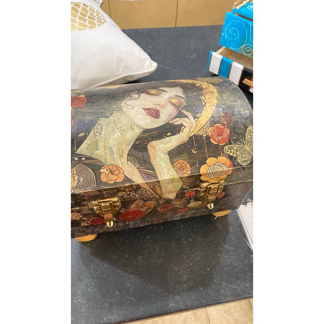 One of a kind, hand painted and embellished box. Entitled “Summer Dreams”. Beautiful woman in contemplative pose.