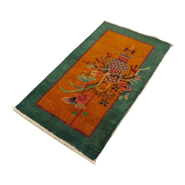 1930s Vintage Chinese Art Deco Rug | Gold & Green Colors | Small Floral Rugs For Sale - Image 5 of 8