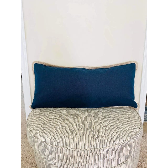 14” X 31” Designer Linen Flax Woven Navy Blue Ecru Lumbar Pillow Cover With Fringe For Sale - Image 4 of 5