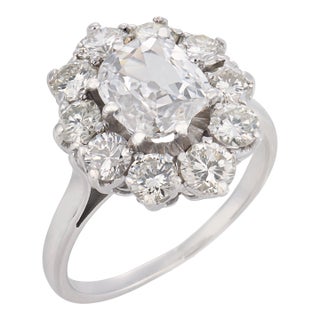 Mid Century Gia 3.30 Carat Diamond 18k White Gold Cluster Ring, Size 7.75 For Sale
