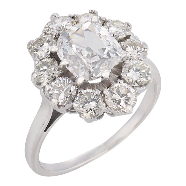 Mid Century Gia 3.30 Carat Diamond 18k White Gold Cluster Ring, Size 7.75 For Sale