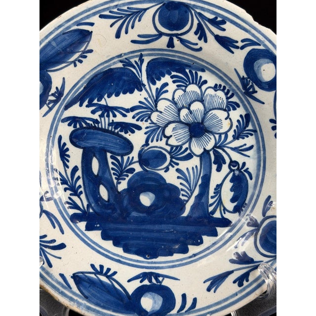 Ceramic Antique Dutch Delft Blue and White Faience Plate, 1700s For Sale - Image 7 of 11