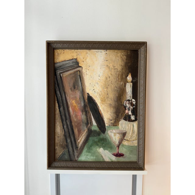 Antonia J. Greene Still Life With Painting, Glass, and Candle, 1930s Oil on Board, Framed For Sale - Image 9 of 12