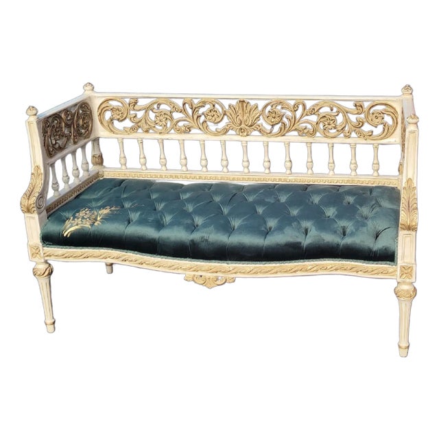 French Louis XVI Sofa Green Velvet Gold Painting For Sale