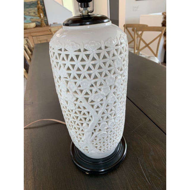 Early 20th Century Reticulated White Ginger Jar Lamp Wood Base and Cap