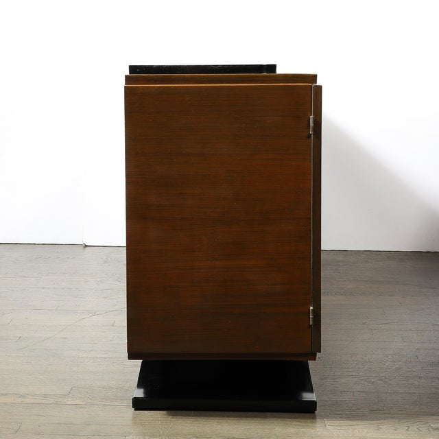 Directoire Style Sideboard in Book-Matched Walnut & Black Lacquer on Plinth Base For Sale In New York - Image 6 of 11