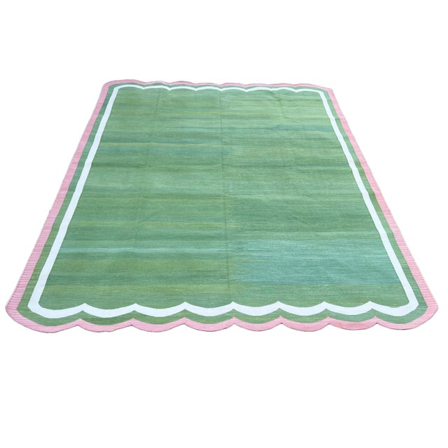 Handwoven Cotton Area Rug Vegetable Dyed Forest Green and Pink Border Scalloped Dhurrie - 9'x12' For Sale - Image 9 of 10