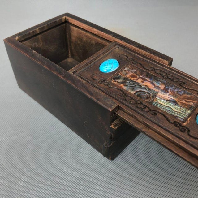 Vintage Rosewood Puzzle Box With Turquoise Inlay & Hidden Lock Mechanism For Sale - Image 10 of 10
