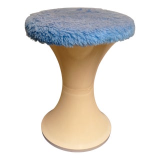 Vintage Stool in Cream-White Plastic with Blue Seat Cover, 1970s For Sale