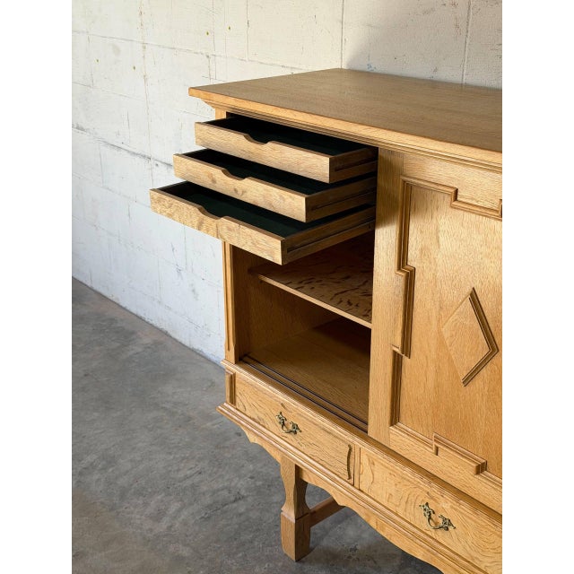 1970s In Style of Henning Kjærnulf Oak High Sideboard Credenza With Sliding Leaded Glass Doors Danish Mid-Century Modern 1970s For Sale - Image 5 of 11