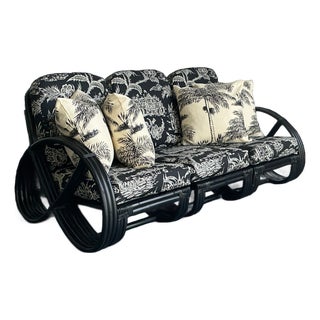 Vintage Black Rattan Sofa in Quadrille “Royal Journey” For Sale