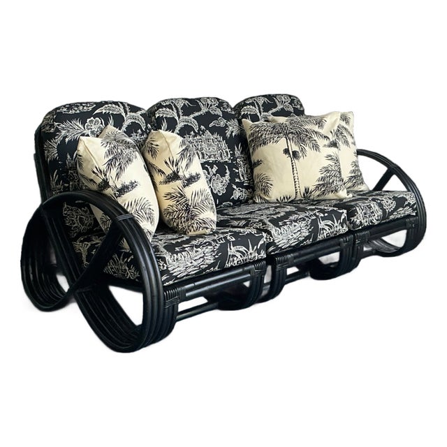 Vintage Black Rattan Sofa in Quadrille “Royal Journey” For Sale
