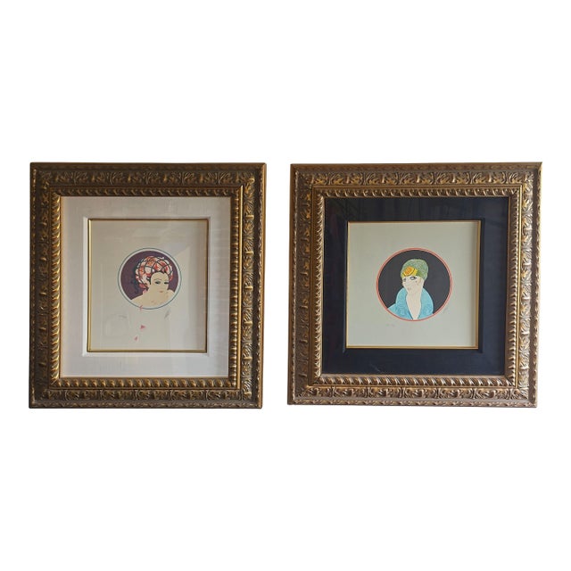 1970s Erté Signed Serigraph Pair – Yellow Turban Ap 60/60 & Rose Turban 264/300 Framed For Sale