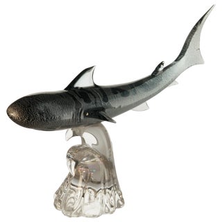 Tiger Hunting Shark on Murano Glass Base by Roberto Camozzo for Wyland, 1990s For Sale
