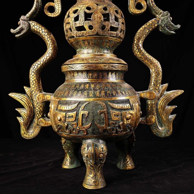 Monumental Pair of Chinese Gilt Bronze Double-Gourd Censers With Dragon Handles For Sale - Image 4 of 10