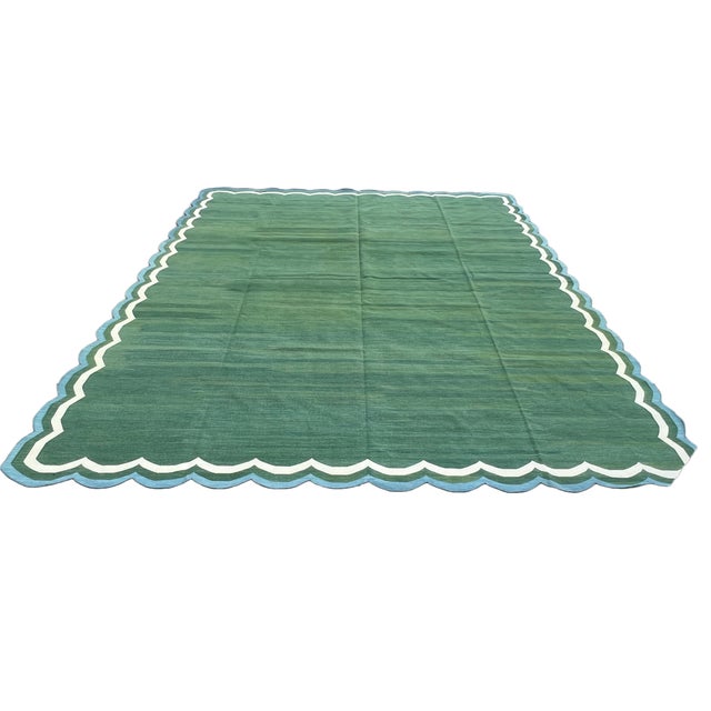Not Yet Made - Made To Order Handmade Cotton Reversible Scalloped Edge Rug Forest Green With Cream and Teal Blue Border - 12'x15' For Sale - Image 9 of 11