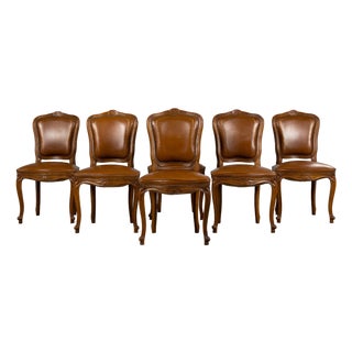 French Louis XV Style Maple Dining Chairs in Brown Leather - Set of 6 For Sale