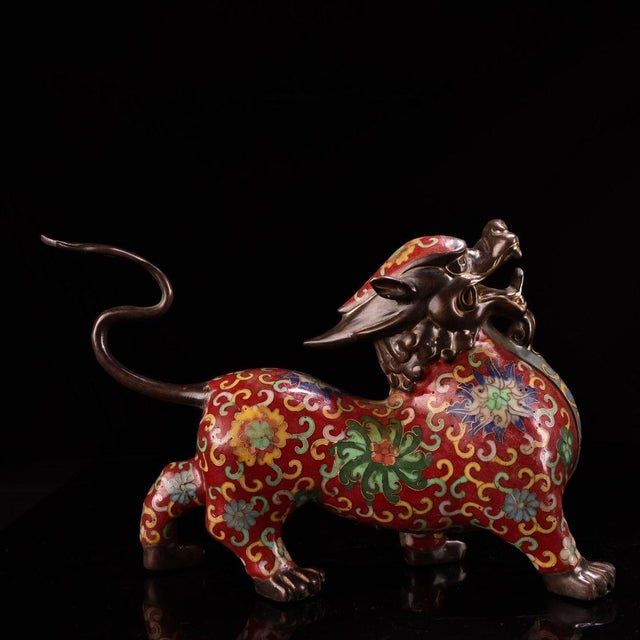 Traditional Vintage Cloisonne Enamel Mythical Beast Figure – 11.8" Qilin Sculpture For Sale - Image 3 of 9