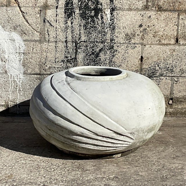 Art Deco Vintage White Deco Style Cement Planter With Ridges For Sale - Image 3 of 8