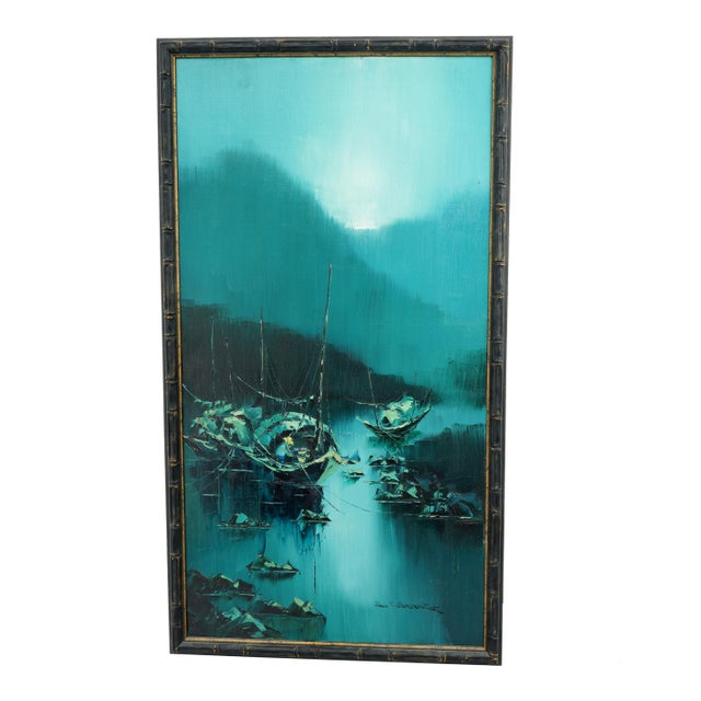 Vintage Framed Oil Painting Asian Fishing Sail Boats Under the Moonlight Signed For Sale
