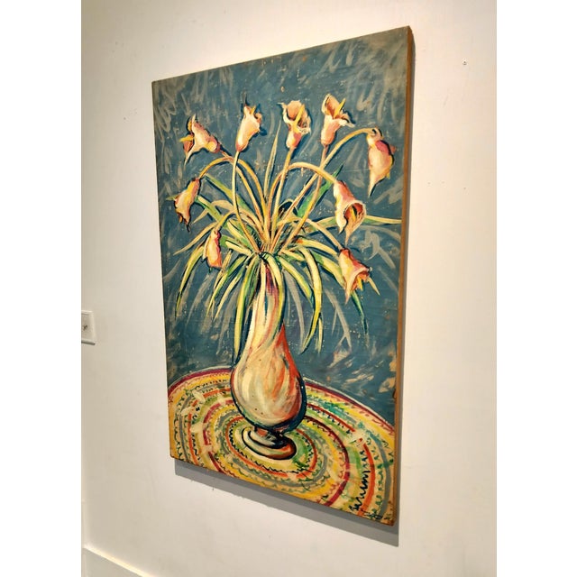 Jacques Lamy Fresco technique painting of Calla Lillies in a vase. Studio stamped and dated on verso. In excellent...