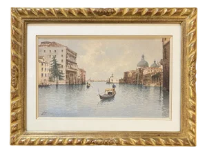Andrea Biondetti, Gondoles sur le grand canal à Venise, Watercolor on Paper, Framed