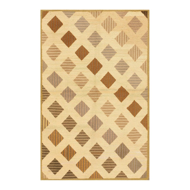 1960s Beige Brown Diamond Vintage American Hooked Rug 3'10" X 5'10" Knotted Pile Wool Carpet For Sale