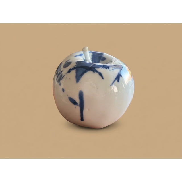 Porcelain Apple Sculpture Blue + White Jingdezhen Studio Pottery "Ping Peace & Harmony" With Internal Rattle Signed For Sale - Image 4 of 9