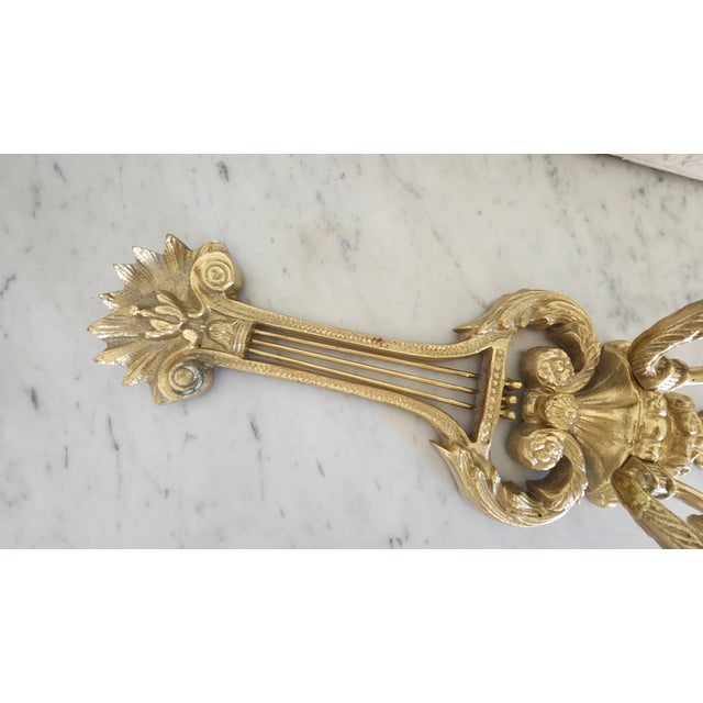 Vintage Chinese Lacquered Brass Lyre-Form Double-Arm Candle Wall Sconce For Sale - Image 4 of 18