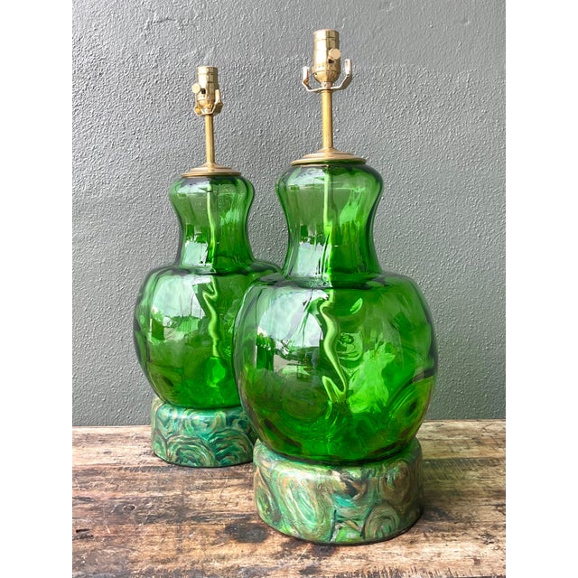 Vintage Hand Painted Malachite Plinth Glass Lamps - A Pair For Sale - Image 4 of 12