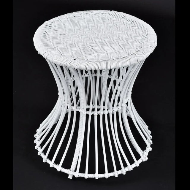 Wood Wicker Salterini Radar Style Chairs With Pedestal Side Tables Seating Set For Sale - Image 7 of 14