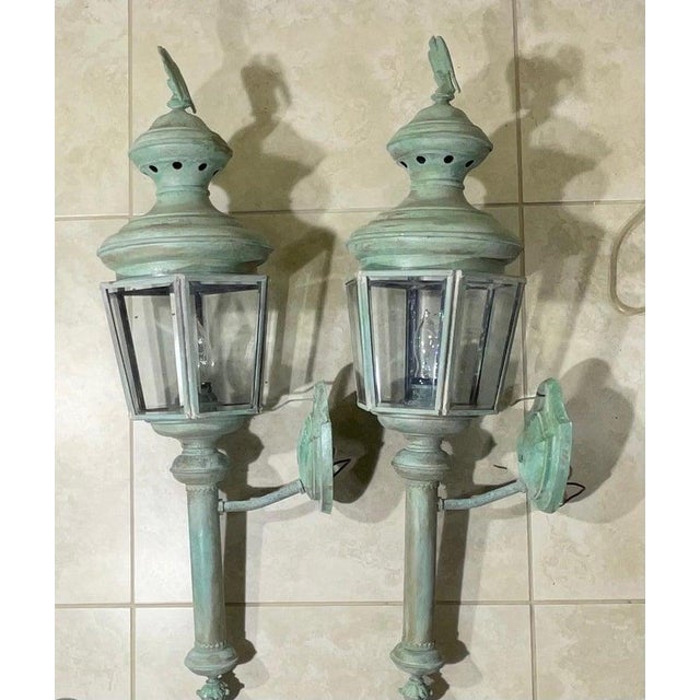 Magnificent Pair of Vintage Solid Brass Eagle-Topped Wall Lanterns For Sale - Image 15 of 17