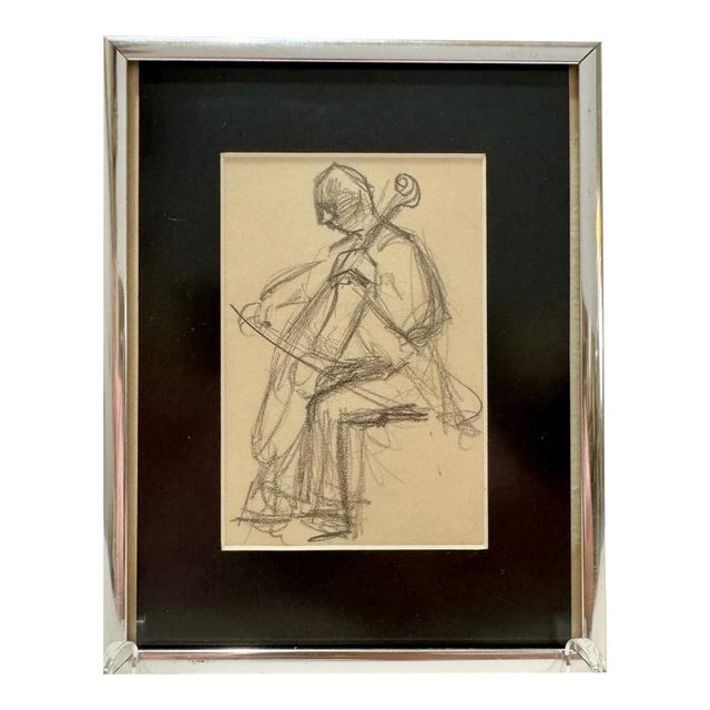 Mid 20th Century William Oberman Estate Pencil Drawing of Cellist For Sale