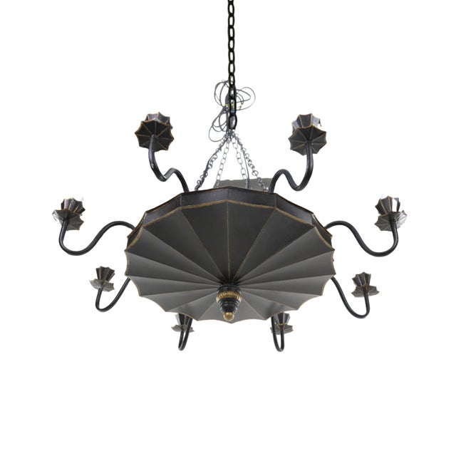 Vintage handmade iron black and gold 8-light chandelier 31.5ʺW × 31.5ʺD × 24ʺL There is a 12" chain with canopy to the...