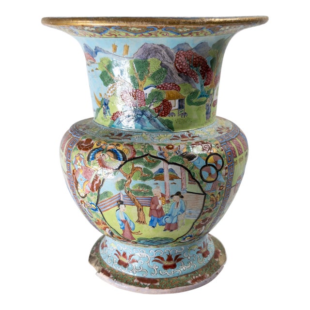 19th Century Chinese Unusual Qing Rose Medallion Yen Yen Vase, Canton Enamel on Stoneware For Sale
